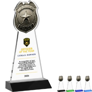 Police Badge Crystal Award on Colored Mitered Base, 9.75" - KR2488