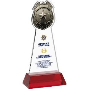 Police Badge Crystal Award on Red Hartford Base, 8" - KR2495