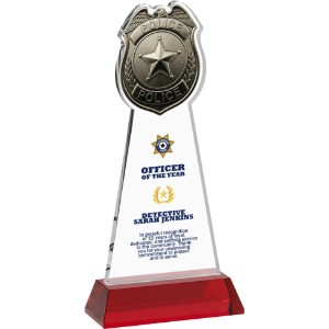 Police Badge Crystal Award on Red Hartford Base, 10" - KR2496