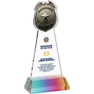 Police Badge Crystal Award on Prismatic Hartford Base, 8" - KR2497