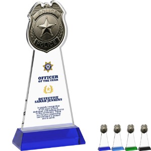Police Badge Crystal Award on Colored Hartford Base, 10" - KR2500